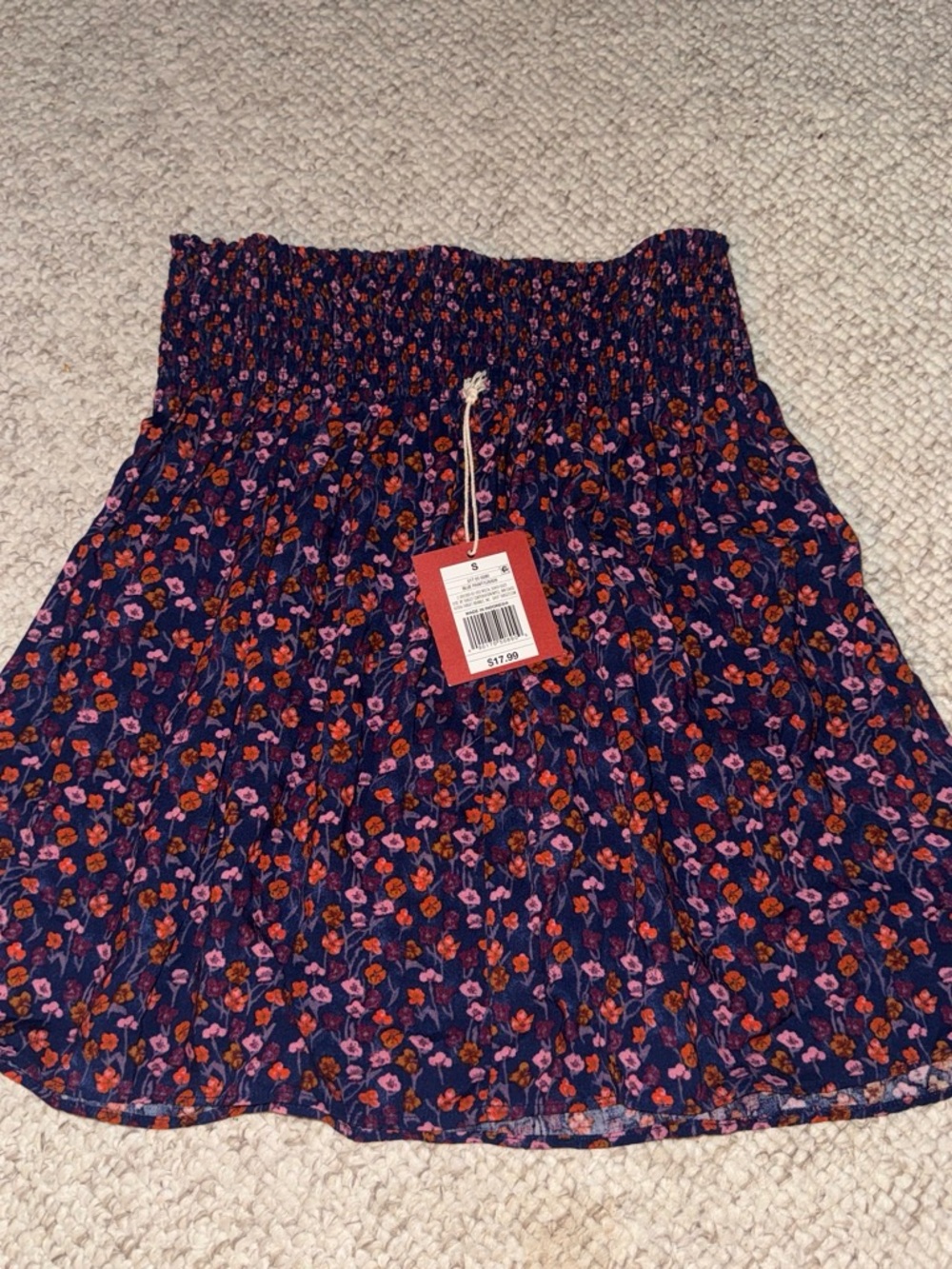 Smocked Waist Floral Mini Skirt - Navy with Pink & Orange Blossoms